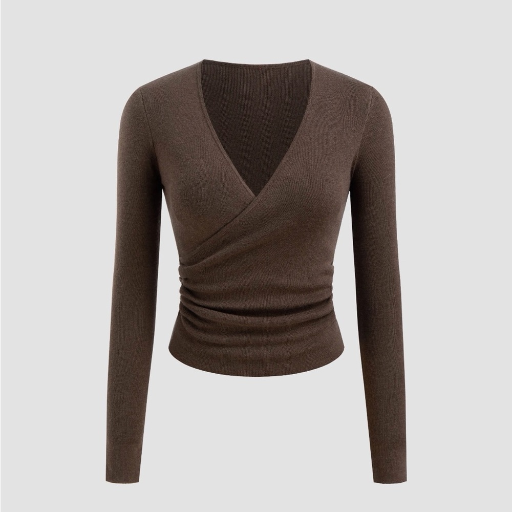 CIDER WOOL-BLEND V-NECK SOLID RUCHED KNITTED LONG SLEEVE TOP